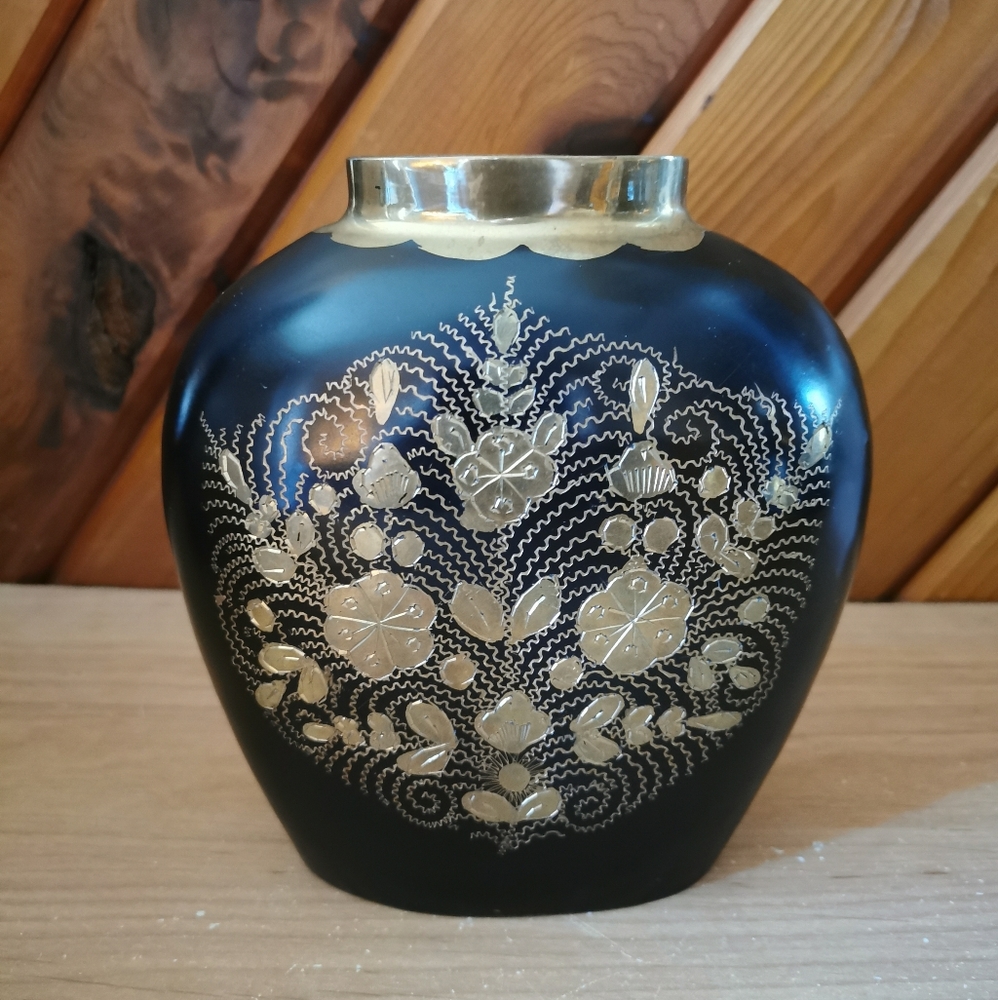 Vintage Solid Brass Black & Gold Etched Vase – Heavy Decor Piece